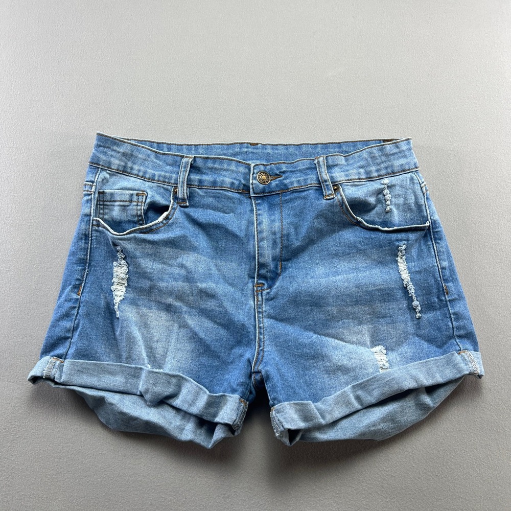 Womens Denim Cuffed Shorts Large Blue Cotton Stretch Medium Wash Distressed